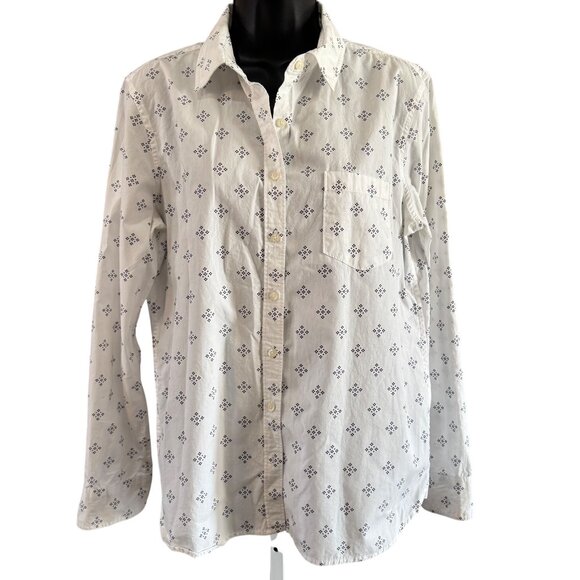 Prince & Fox Womens Shirt L White Button-Down Navy Geometric Print L/S - Picture 1 of 7